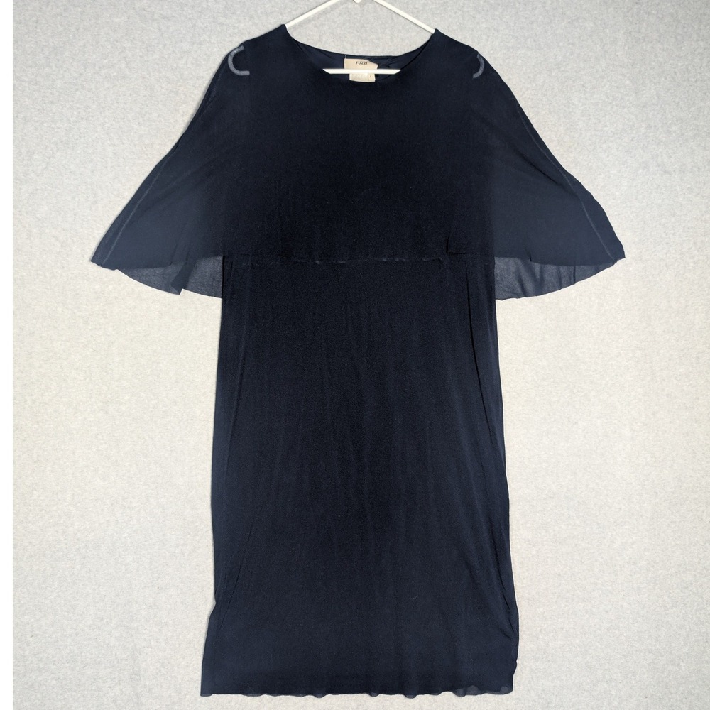 Fuzzi Capelet‎ Shift Dress Womens Large Navy Blue Excellent Sheer Overlay Mesh
